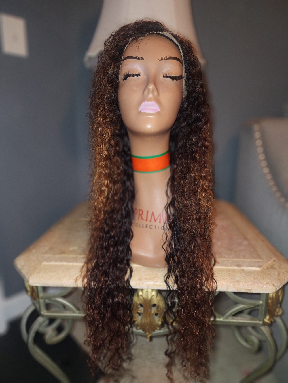 Natural Long Curly Brown Wig with Subtle Blonde Highlights Human Hair 34"